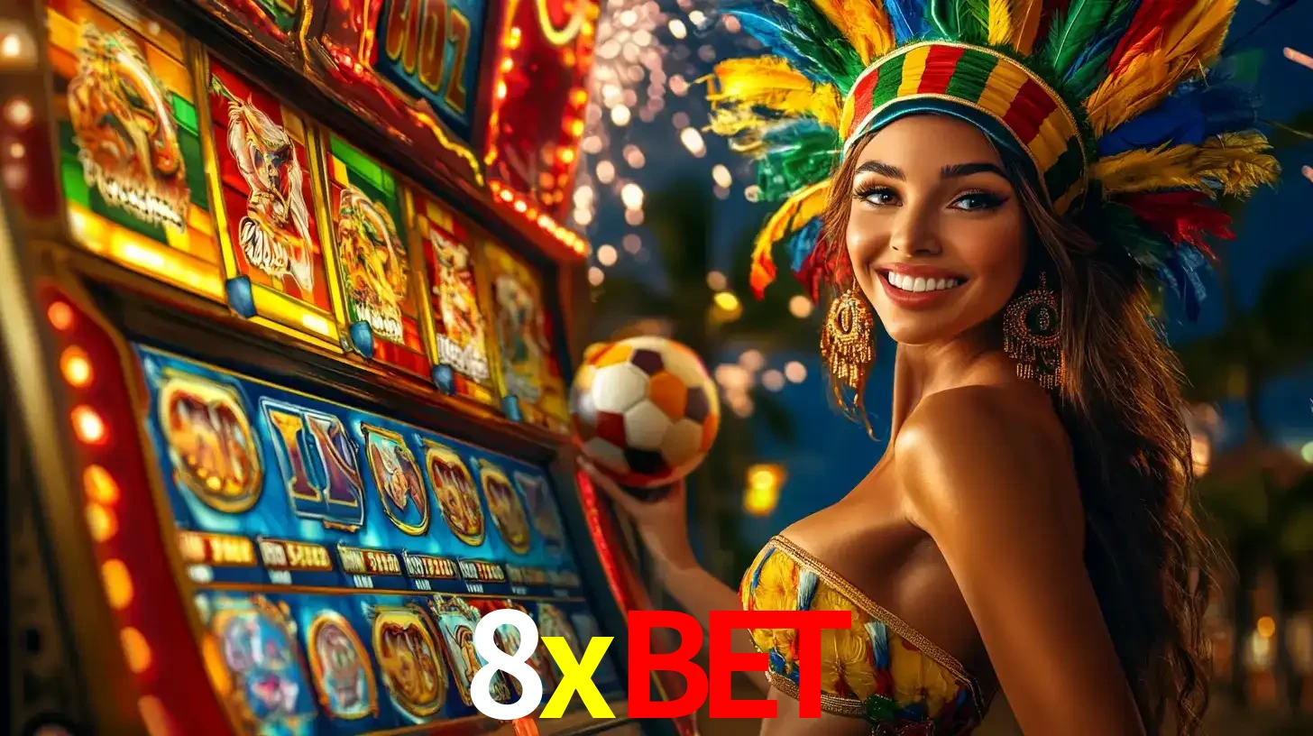 Mulher com um cocar de carnaval ao lado de uma máquina de caça-níqueis enquanto segura uma bola de futebol, mostrando a união da diversão de cassino e esportes no 8xbet.