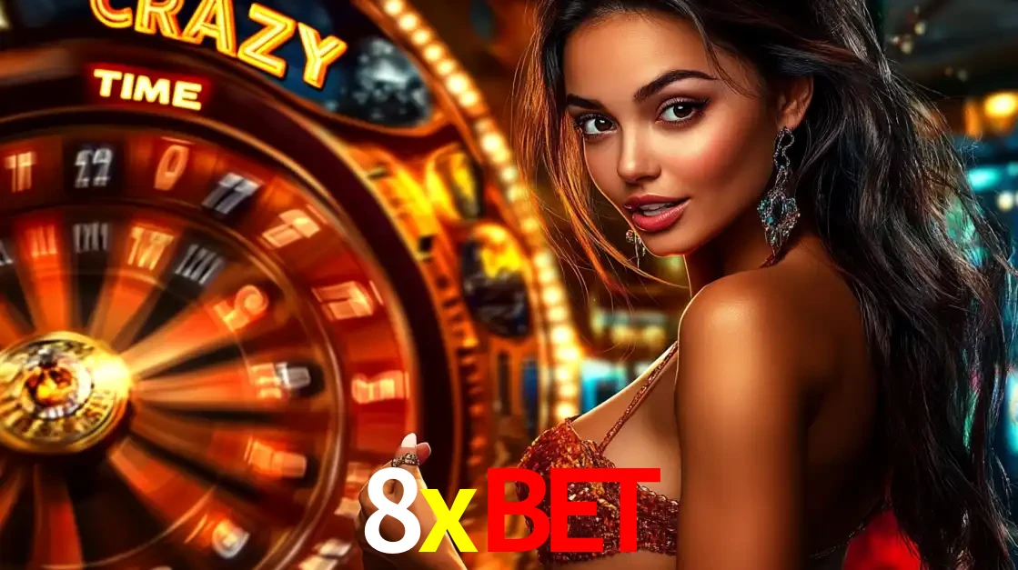 Mulher ao lado da roda de prêmios do jogo de cassino ao vivo Crazy Time, um dos shows de jogos mais emocionantes oferecidos pela plataforma de apostas 8xbet.