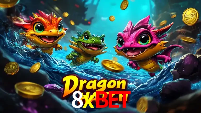 Arte promocional do jogo Dragon Hatch com três adoráveis dragões bebês nadando entre moedas de ouro, um dos slots mais divertidos para jogar no cassino 8xbet.