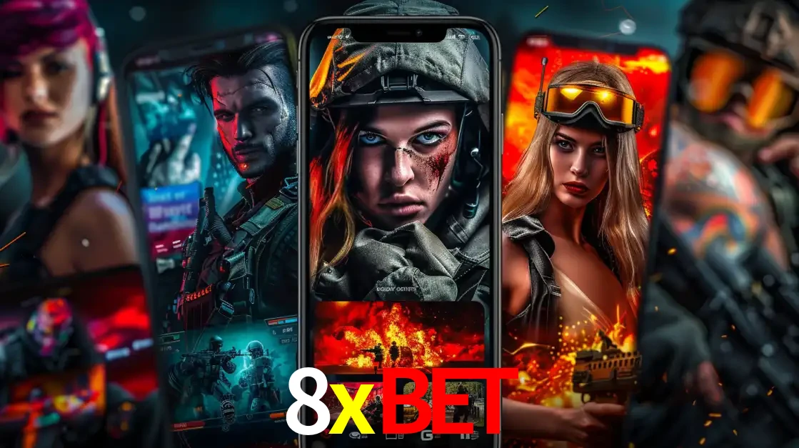 Montagem de telas de celular mostrando diversos personagens, masculinos e femininos, de um jogo de tiro, ilustrando a diversidade de equipes de e-sports para apostar no 8xbet.