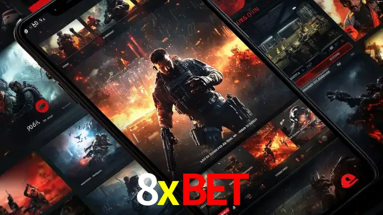 Tela de um celular exibindo uma galeria de jogos de tiro com temática militar, mostrando a variedade de e-sports disponíveis para apostas na plataforma de entretenimento 8xbet.