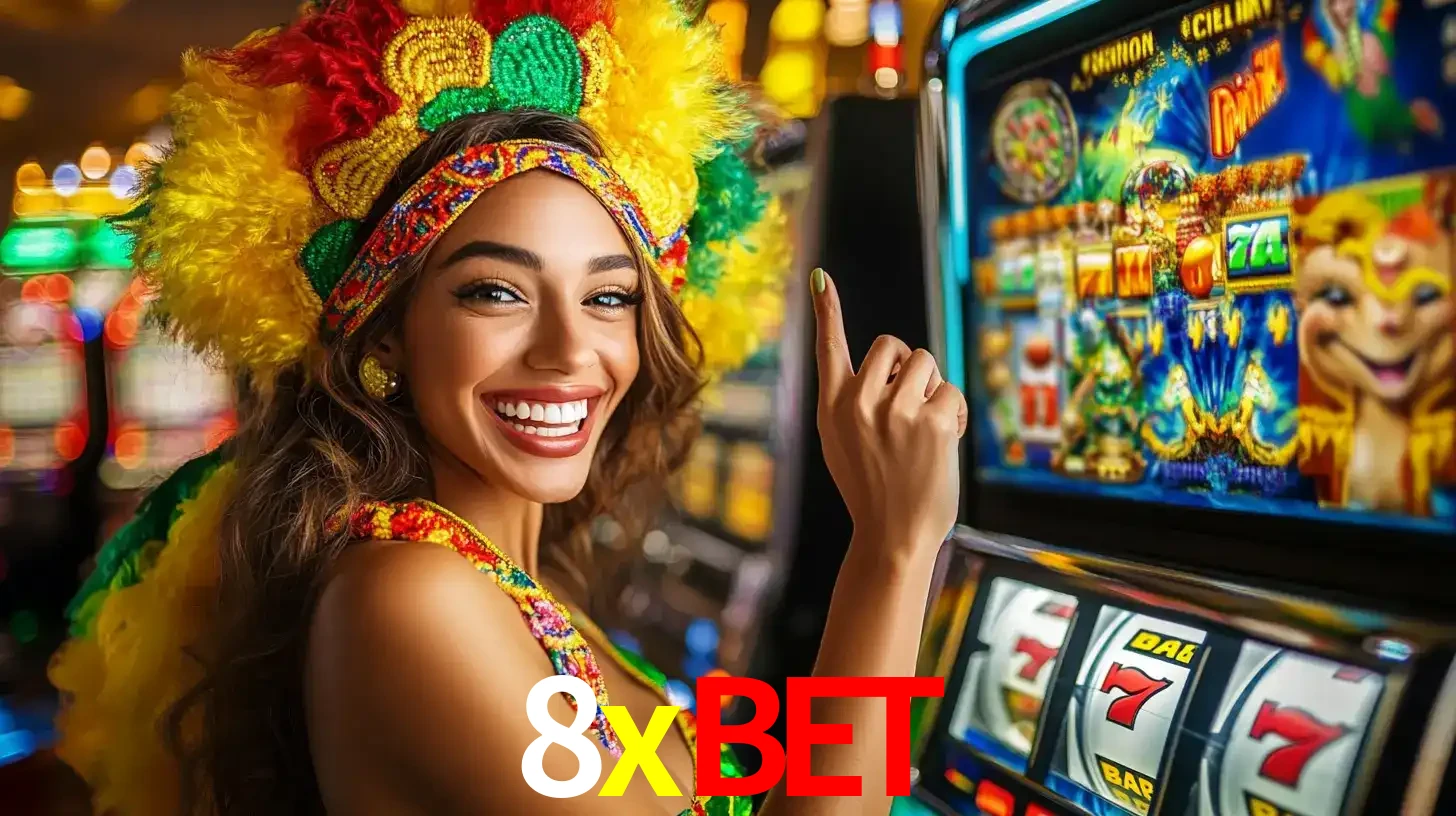 Mulher animada com um cocar de carnaval apontando para uma máquina de caça-níqueis, mostrando a emoção de ganhar um grande prêmio nos jogos do 8xbet.