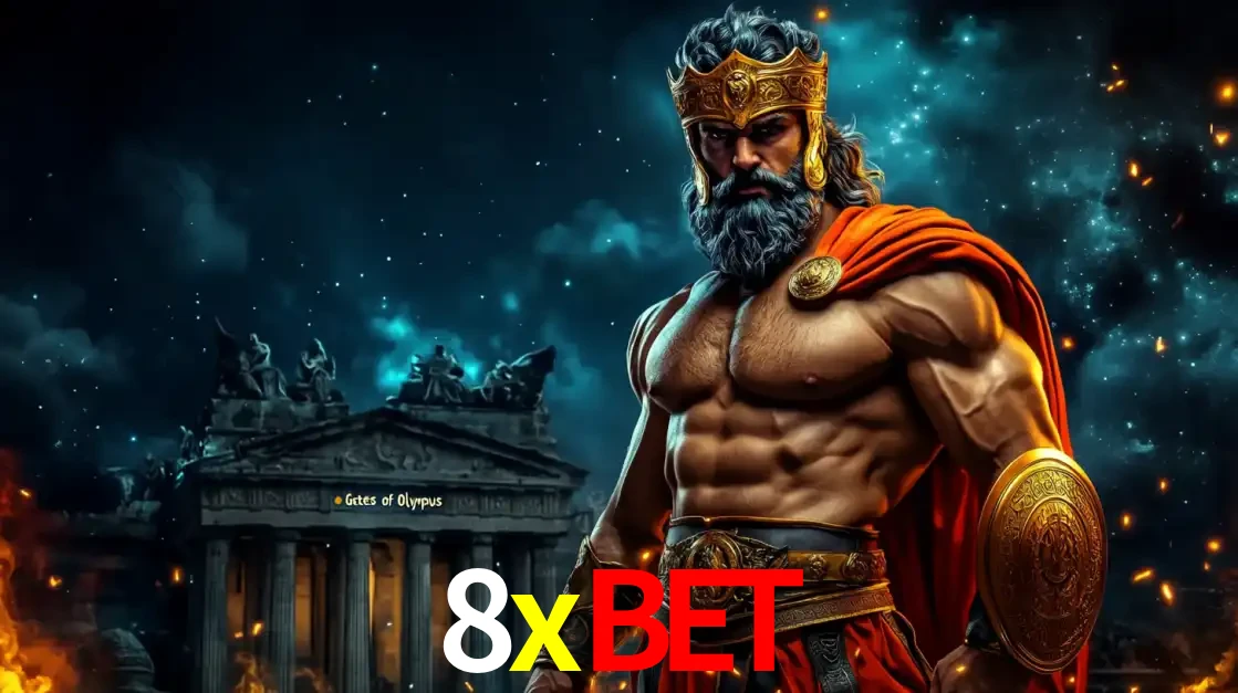 O poderoso Zeus do jogo de slot Gates of Olympus em frente ao seu templo, pronto para lançar multiplicadores divinos e prêmios épicos no cassino online 8xbet.