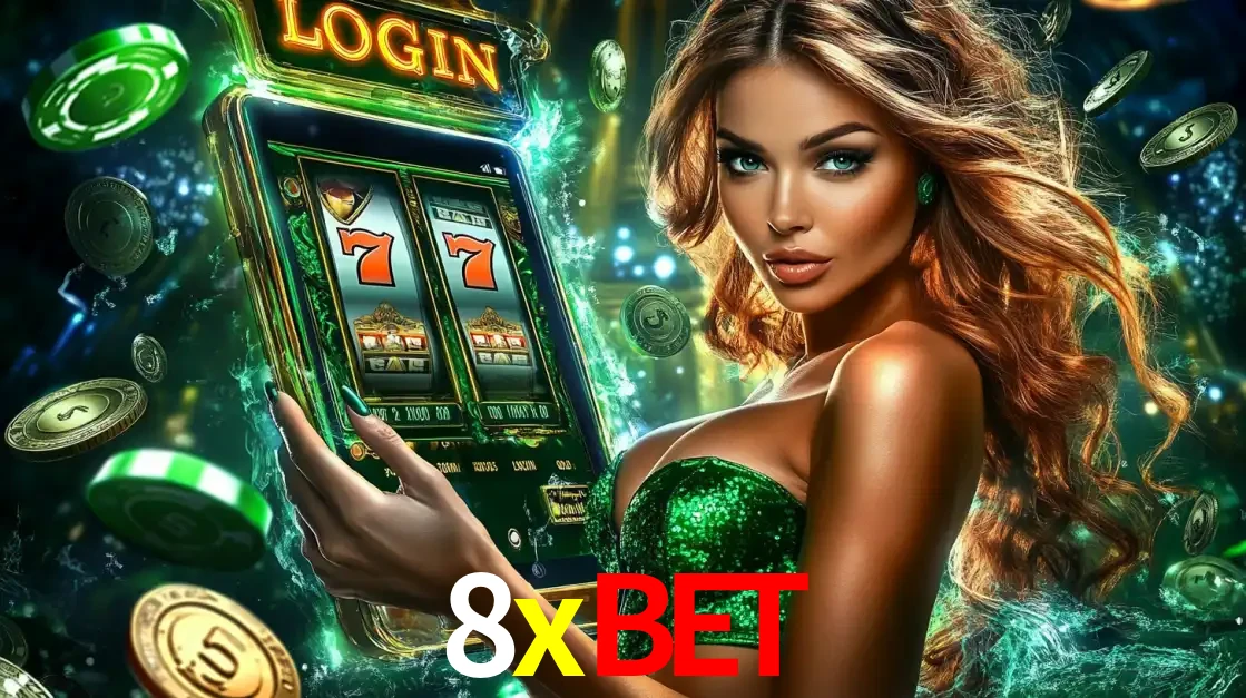 Mulher com tema verde apresentando o aplicativo do cassino 8xbet com um jogo de slot de 777, cercada por fichas de cassino e uma aura de sorte.
