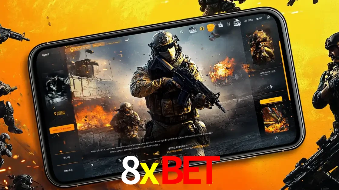 Um smartphone exibindo a interface de um jogo de tiro em primeira pessoa, com um soldado em um cenário de batalha, representando a ação dos e-sports para apostar no 8xbet.