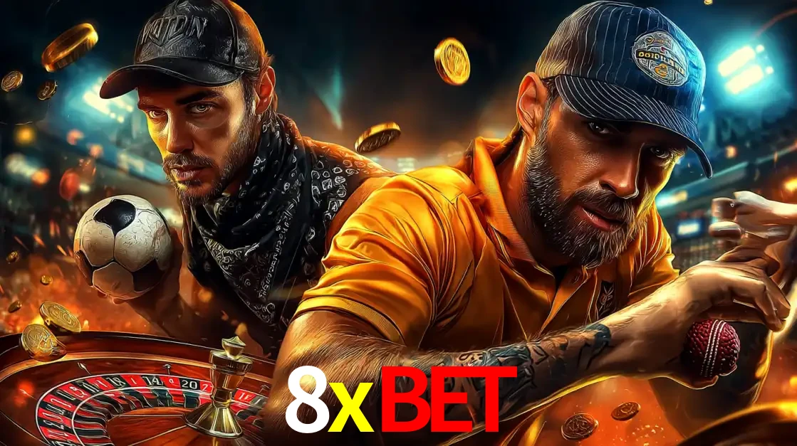 Montagem de apostas esportivas e cassino no 8xbet, com um homem segurando uma bola de futebol e outro uma de beisebol sobre uma roleta e moedas voadoras.