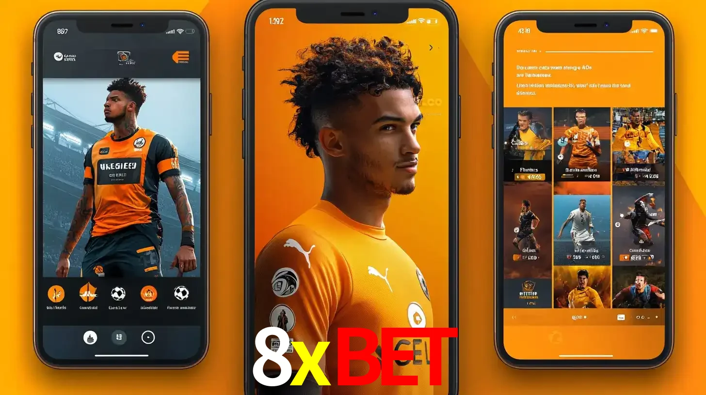 Interface do aplicativo de apostas esportivas 8xbet em três telas de celular, mostrando o perfil de um jogador de futebol e a lista de jogos disponíveis para apostar.