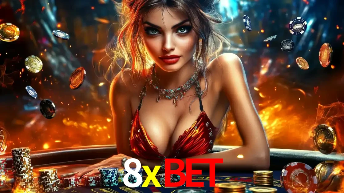Mulher em uma mesa de cassino com pilhas de fichas e um fundo de fogo, pronta para uma rodada de altas apostas nos jogos de mesa emocionantes do cassino 8xbet.
