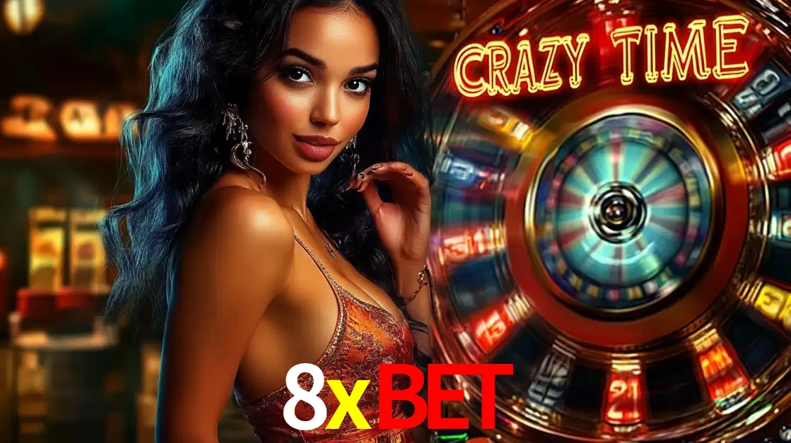 Mulher elegante ao lado da vibrante roda da fortuna do jogo de cassino ao vivo Crazy Time, um dos game shows mais populares e cheios de prêmios do 8xbet.