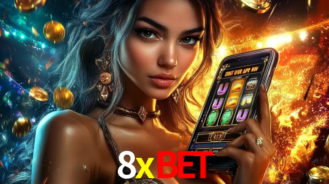 Mulher elegante mostrando um jogo de caça-níqueis em seu smartphone, destacando a experiência de cassino móvel oferecida pelo aplicativo 8xbet.
