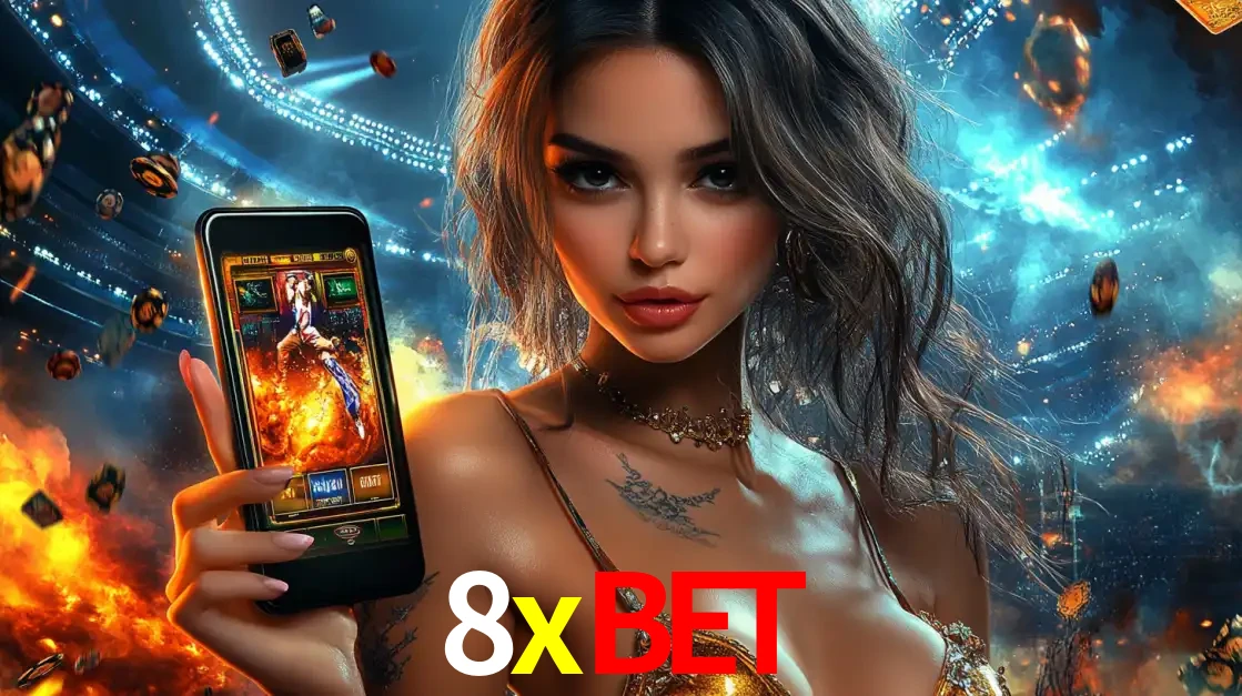 Mulher segurando um celular com um jogo de slot em destaque, tendo como fundo um estádio vibrante, simbolizando a emoção de jogar no cassino móvel 8xbet.