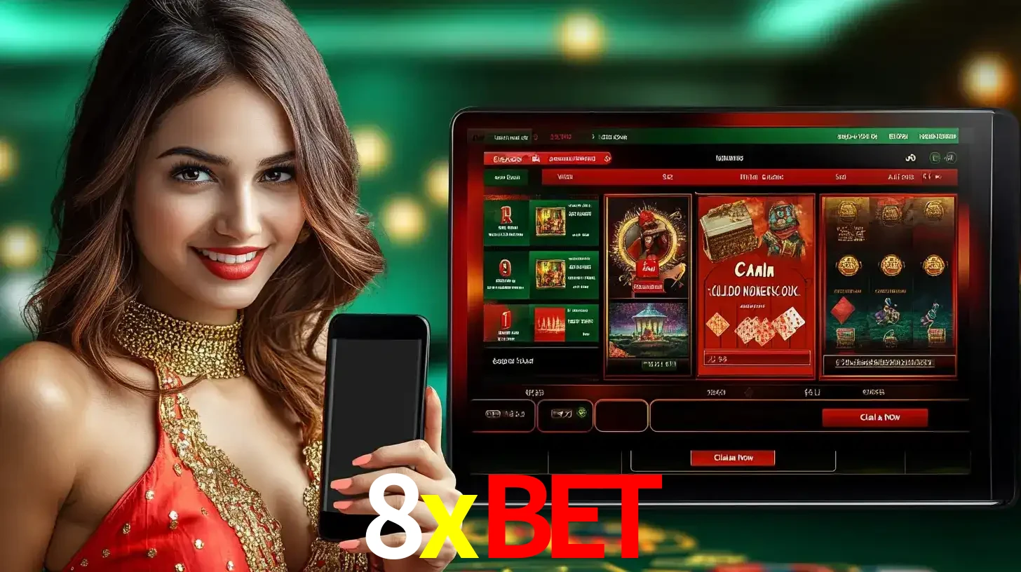 Mulher sorridente segurando um smartphone, ao lado de uma tela exibindo o lobby de jogos do cassino online 8xbet, com várias opções de jogos de cartas e slots.